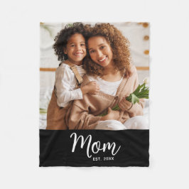 Mom Established Date White Script on Black Photo Fleecefilt