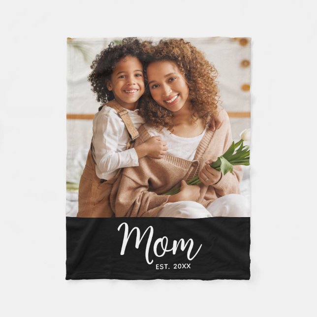 Mom Established Date White Script on Black Photo Fleecefilt (Framsidan)