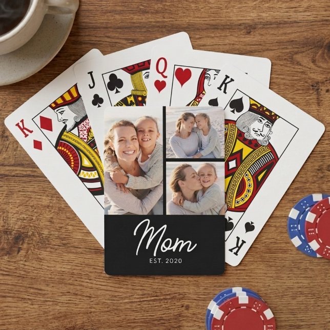 Mom Established Elegant Script Black 3 Photo Casinokort (Skapare uppladdad)