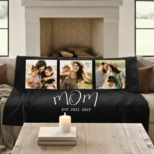 Mom Established Elegant Script Black 3 Photo Fleecefilt (Skapare uppladdad)