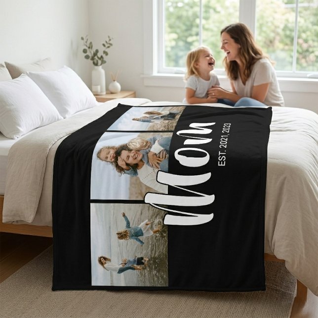 Mom Established Elegant Script Black 3 Photo Fleecefilt (Mom Established Elegant Script Black 3 Photo Fleece Blanket)