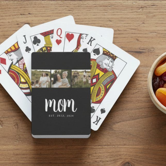 Mom Established Modern Bold Script Black 3 Photo Casinokort (modern 3 photo black and white script mom established card deck stocking stuffer small gift for mom)