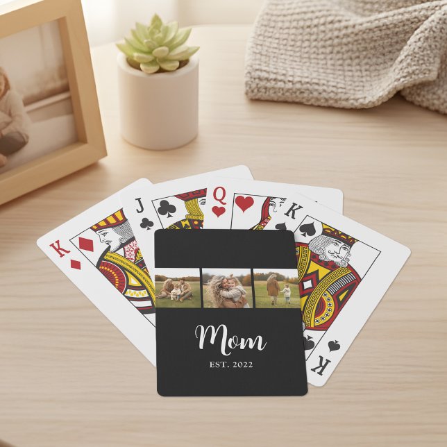 Mom Established Modern Script 3 Photo Black Casinokort (Mom established 3 photo script text - fully personalizable!)
