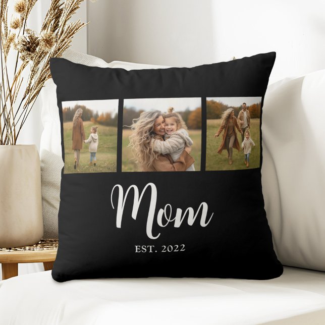 Mom Established Modern Simple Script Black 3 Photo Kudde (Established Mom 3 photo white script text cushion)