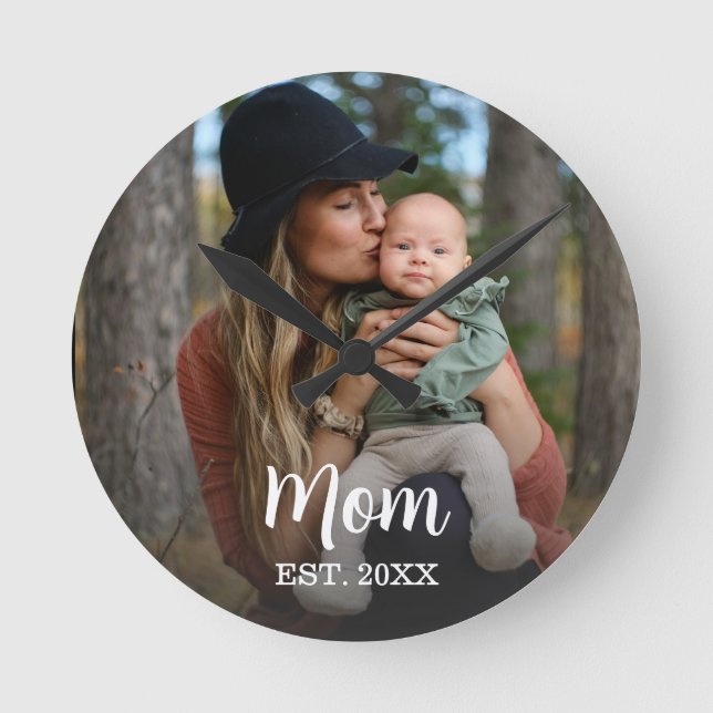 Mom Established Modern Typography Photo Wall Clock Rund Klocka (Framsida)