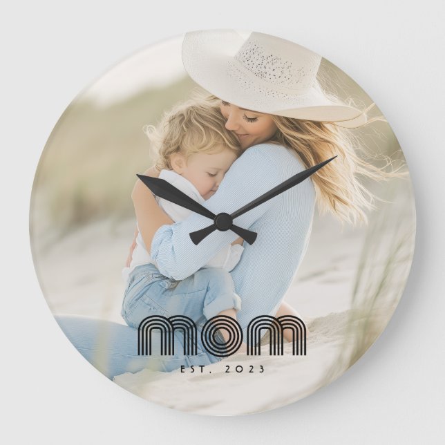 Mom Established Modern White Script Photo  Stor Klocka (Framsida)