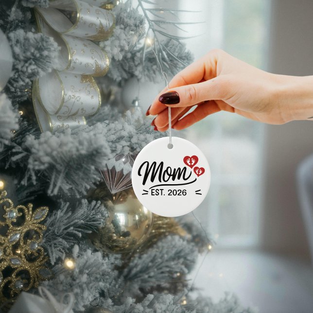 Mom Established Mothers Day Name Year Script Heart Julgransprydnad Keramik (new mom established mothers day ornaments  mama mum typography simple heart modern script christmas )