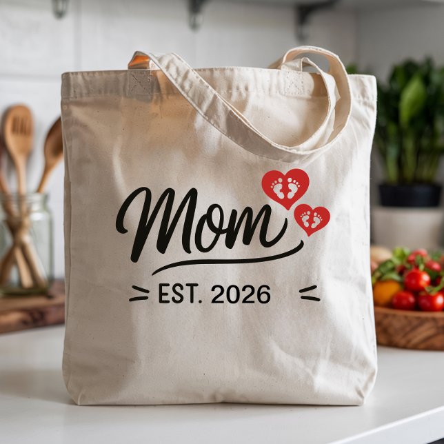 Mom Established Mothers Day Name Year Script Heart Tygkasse (new mom established script tote bags simple minimal script font mother mama mum script modern mother)