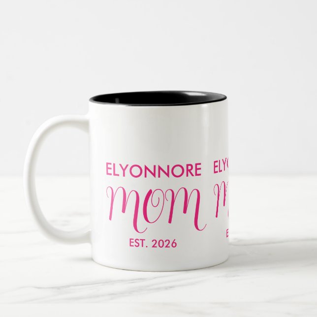 Mom Established New Mom Gift Pink Custom Name Två-Tonad Mugg (Vänster)