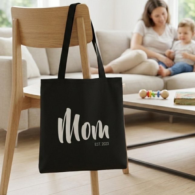 Mom Established New Mom Gift Tote Bag Tygkasse (Mom Established Typography Tote Bag)