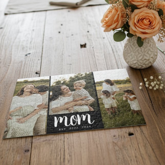Mom Established Script Black 3 Photo Pussel (modern 3 photo black and white script mom established puzzle gift for mom on Mother's Day Christmas)