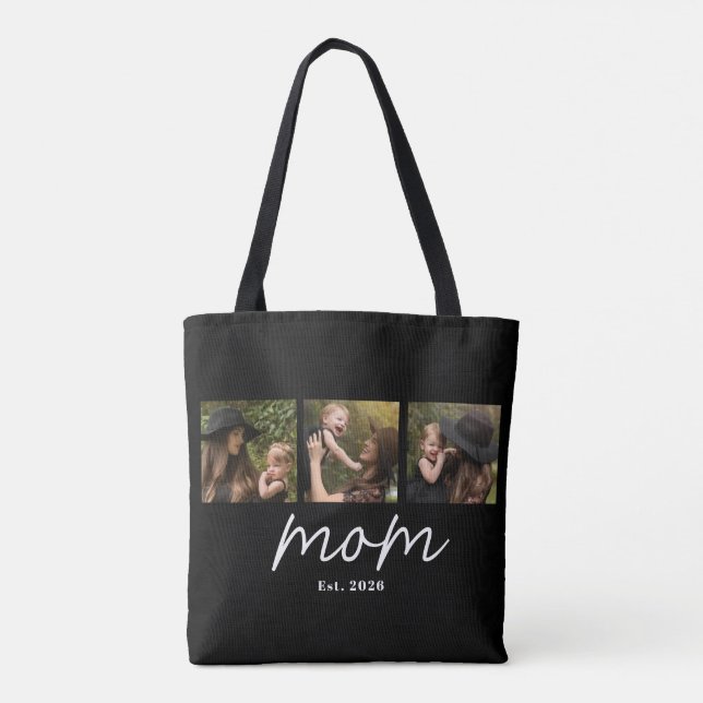 Mom Established Script Black 3 Photo Tote Bag Tygkasse (Baksida)