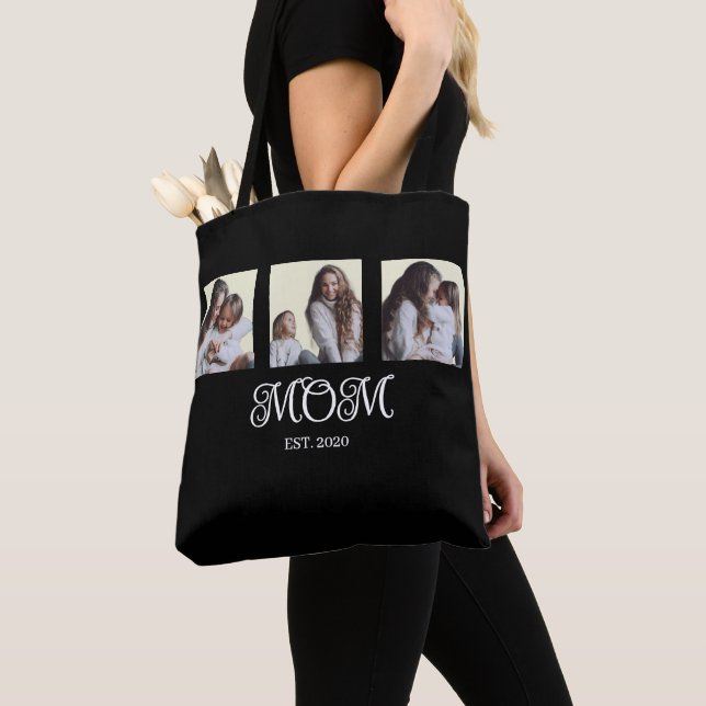 Mom Established Script Black 3 Photo Tote Bag Tygkasse (Närbild)