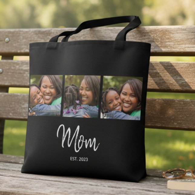 Mom Established Script Black 3 Photo Tote Bag Tygkasse (Skapare uppladdad)