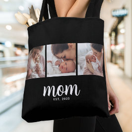 Mom Established Script Black 3 Photo Tote Bag Tygkasse