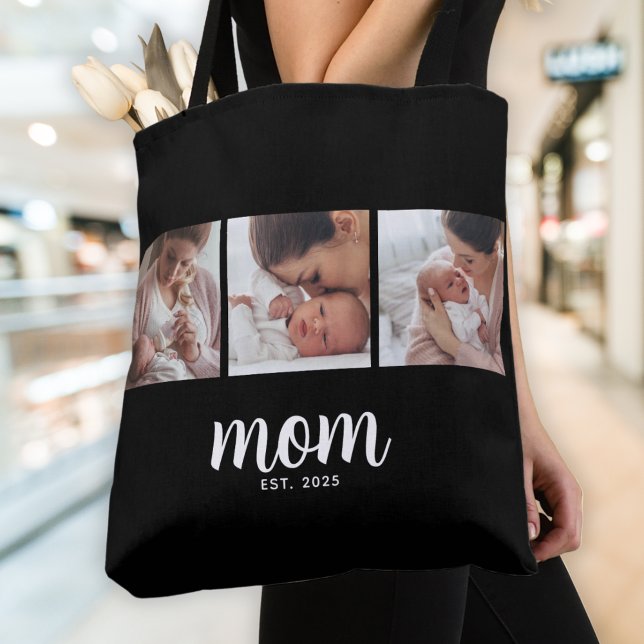 Mom Established Script Black 3 Photo Tote Bag Tygkasse (Skapare uppladdad)