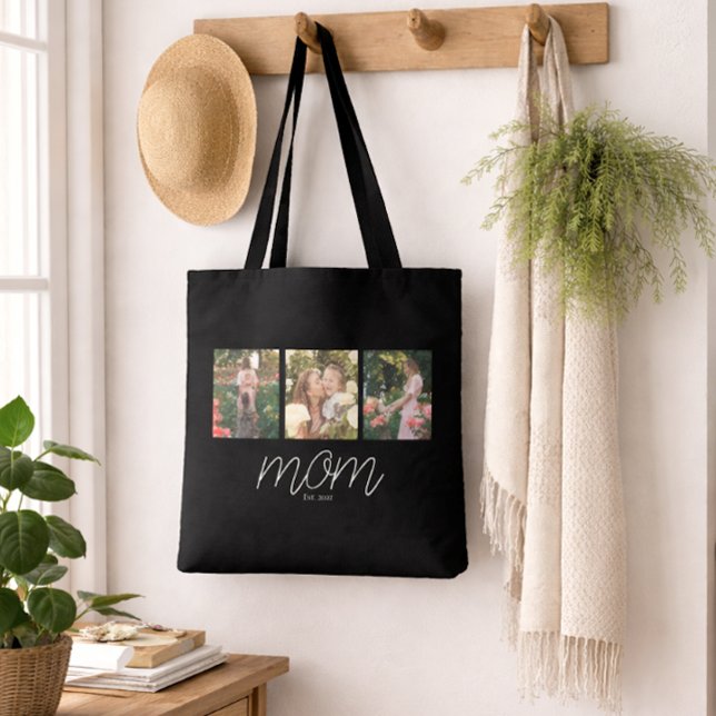Mom Established Script Black 3 Photo Tote Bag Tygkasse (Skapare uppladdad)