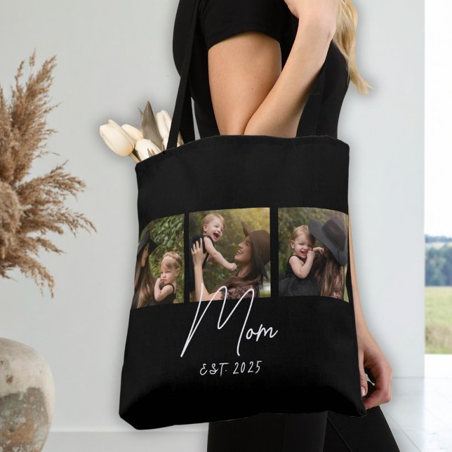Mom Established Script Black 3 Photo Tote Bag Tygkasse (Skapare uppladdad)
