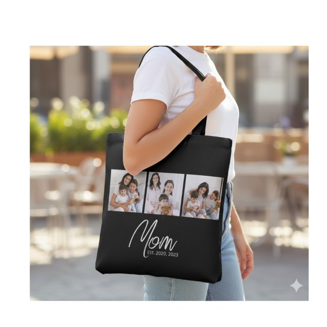 Mom Established Script Black 3 Photo Tote Bag Tygkasse (Skapare uppladdad)