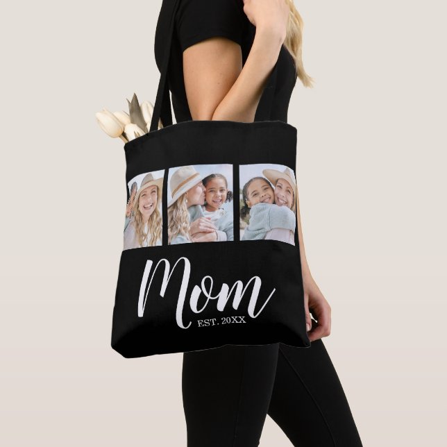 Mom Established Script Black 3 Photo Tote Bag Tygkasse (Närbild)