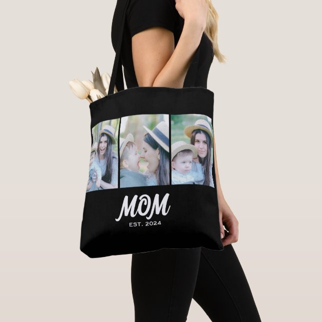 Mom Established Script Black 3 Photo Tote Bag Tygkasse (Närbild)