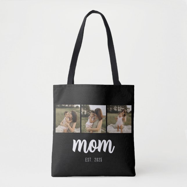 Mom Established Script Black 3 Photos Tote Bag Tygkasse (Framsida)