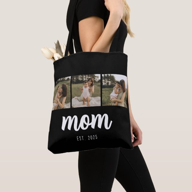 Mom Established Script Black 3 Photos Tote Bag Tygkasse (Närbild)
