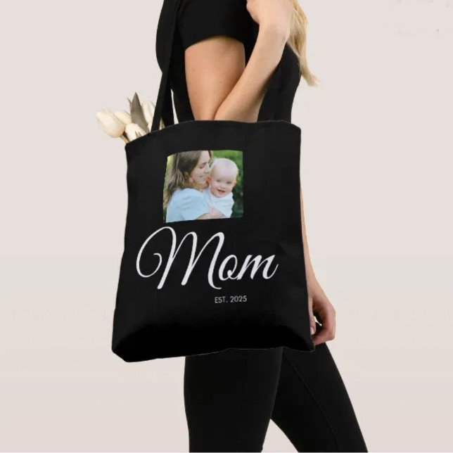 Mom Established Script Black Photo Gift Tygkasse (Skapare uppladdad)