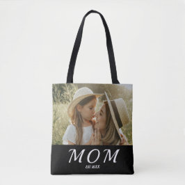 Mom Established Script Black Photo Tote Bag Tygkasse