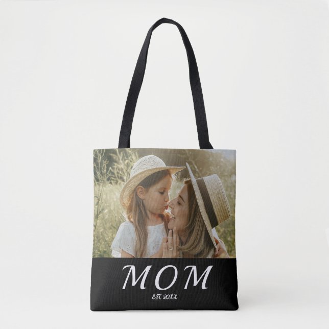 Mom Established Script Black Photo  Tote Bag Tygkasse (Framsida)