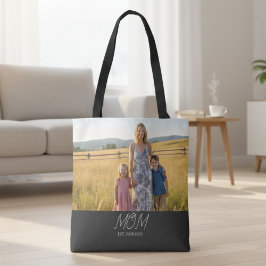Mom Established Script Black Photo Tote Bag Tygkasse