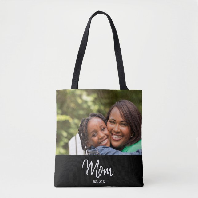 Mom Established Script Black Photo Tote Bag Tygkasse (Framsida)