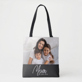 Mom Established Script Black Photo Tote Bag Tygkasse
