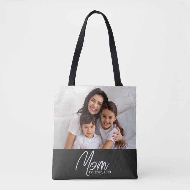 Mom Established Script Black Photo Tote Bag Tygkasse (Framsida)