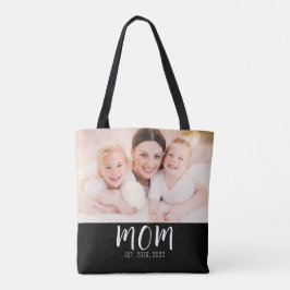 Mom Established Script Black Photo Tote Bag Tygkasse