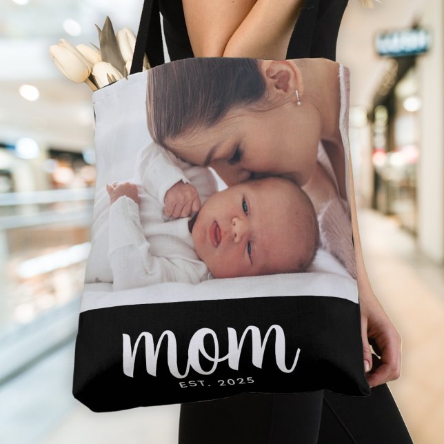 Mom Established Script Black Photo Tygkasse (Skapare uppladdad)