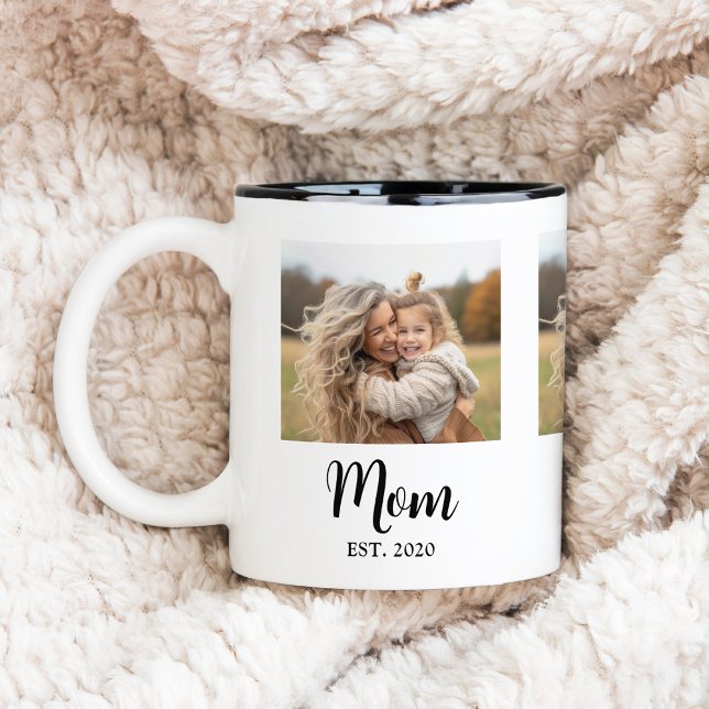 Mom Established Script Photo Två-Tonad Mugg (Mom established year and photo, personalized mug gift for  Mothers Day, Birthday or just because! )