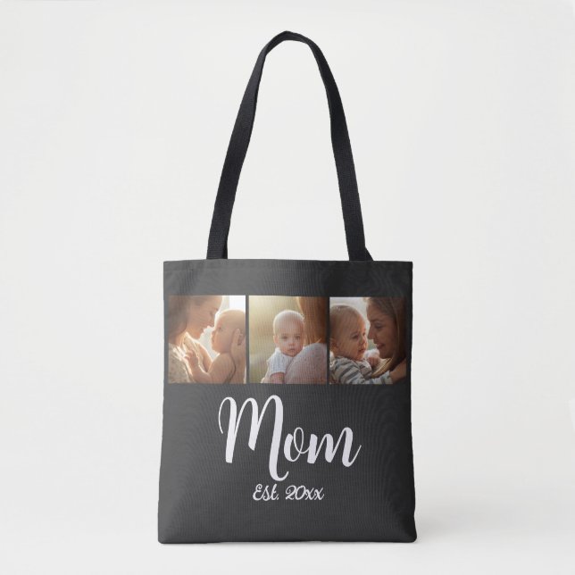 Mom Established year Script Black 3 Photo Tote Tygkasse (Framsida)