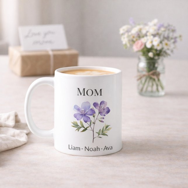 Mom February Birth Flower with Kids Names Kaffemugg (Skapare uppladdad)