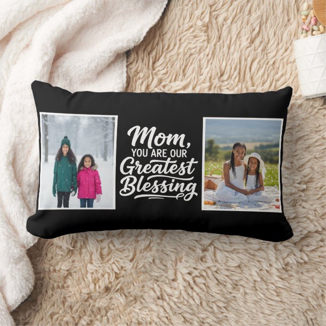 Mom Greatest Blessing 2 Custom Photo Black Lumbarkudde (Filt)
