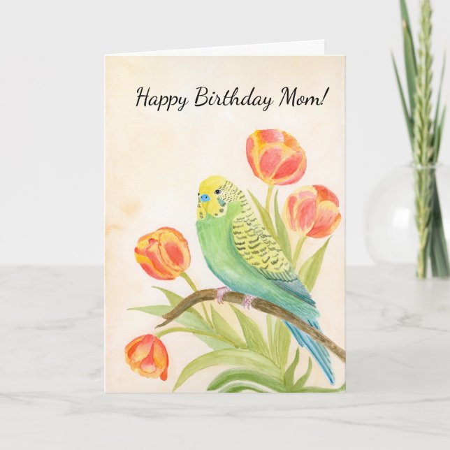 Mom Happy Birthday Parakeet with Tulips Kort (Framsida)