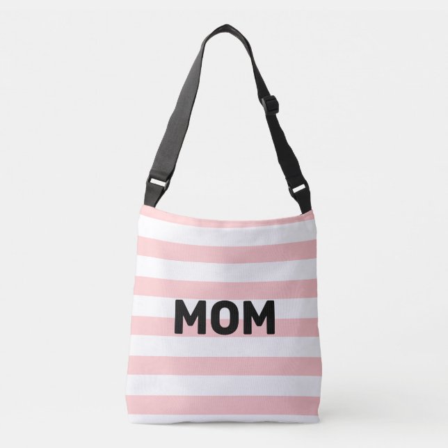 Mom kalligrafi på rosa & vitrandig axelväska (Framsida)