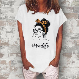 Mom Life Leopard Print T-Shirt | Messy Bun Graphic