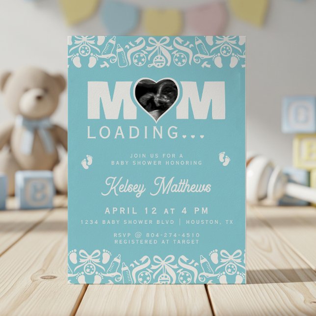 Mom Loading Ultrasound Photo Blue Baby Shower Inbjudningar (Mom Loading Ultrasound Photo Blue Baby Shower Invitation
)
