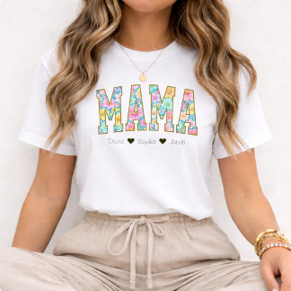 Mom Mama Floral  With Kids Names Mother's Day T Shirt