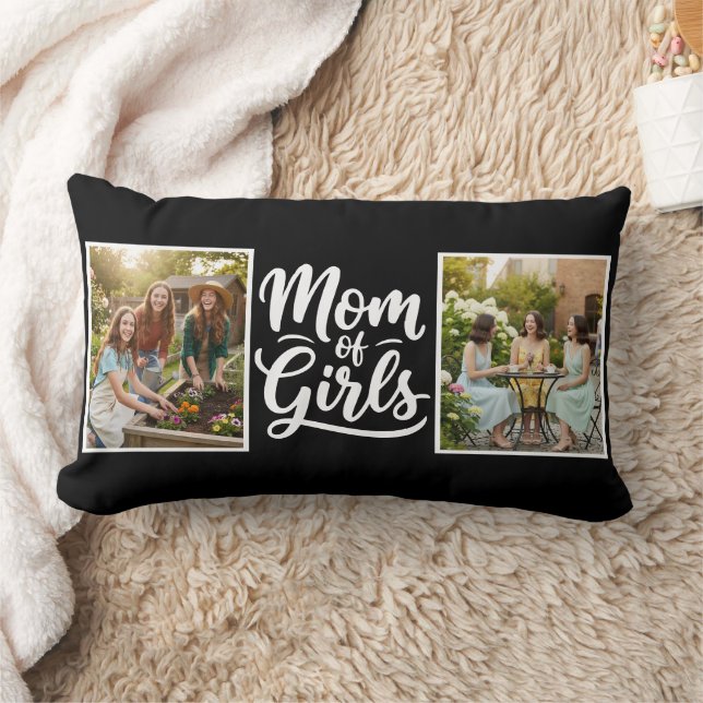 Mom of Girls Brush Script Double Photo Black White Lumbarkudde (Filt)