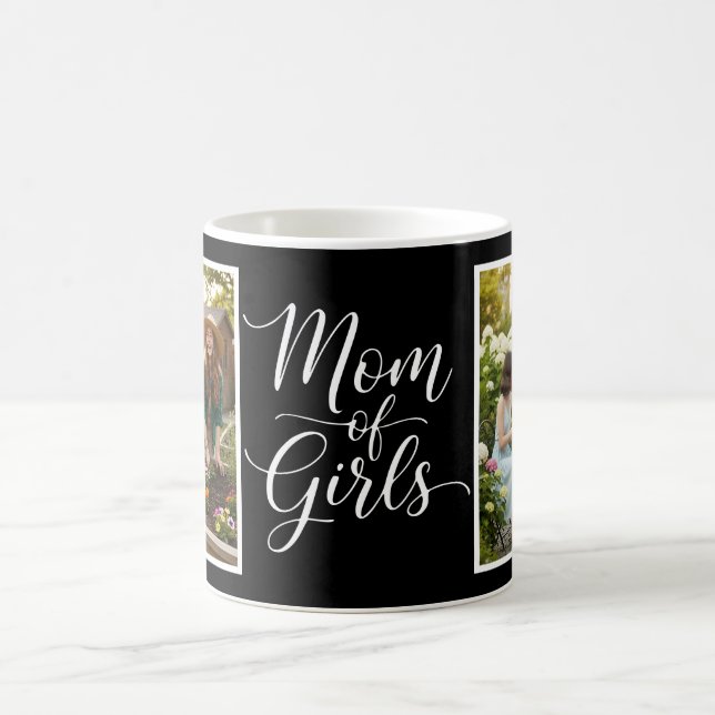 Mom of Girls Elegant Modern Script 2 Photo Black Kaffemugg (Center)