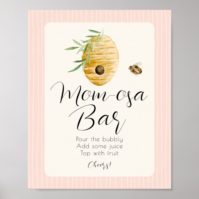 Mom-osa Bar Pink Bee Themed Girl Baby Shower Sign Poster (Framsidan)