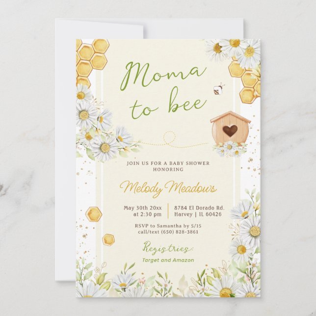 Moma to Bee Honeybee Wildblomme Gult Baby Shower Inbjudningar (Framsida)