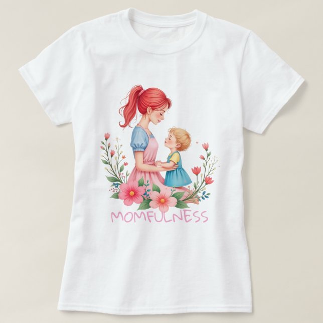 Momfulness Watercolor Mother & Child Art T Shirt (Design framsida)
